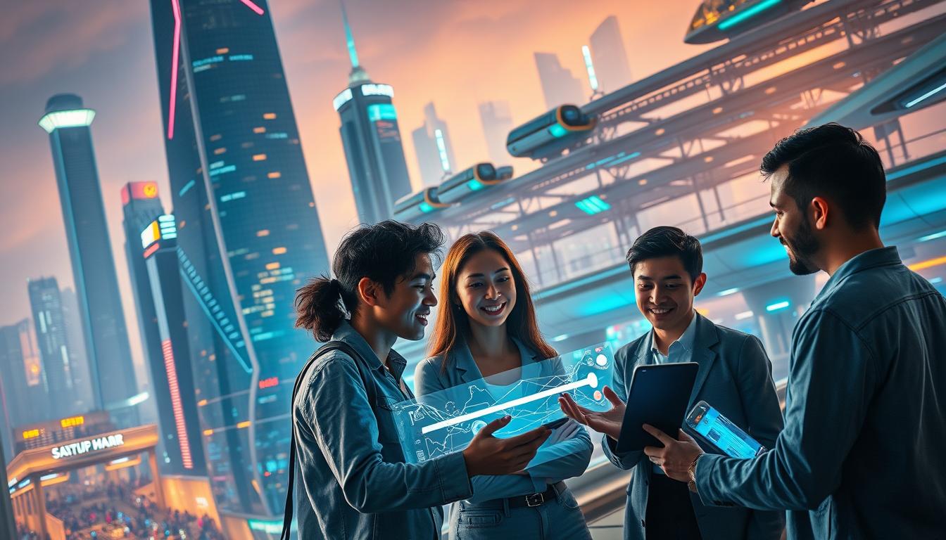 Startup Innovation Strategies: A futuristic, dynamic cityscape with sleek skyscrapers, neon accents, and a bustling atmosphere. In the foreground, a group of young professionals collaborating on a holographic display, their expressions animated and focused. The middle ground features a modern co-working space with innovative workstations and vibrant color schemes. In the background, a network of elevated transport systems and glowing data visualizations, conveying the sense of a technologically advanced, rapidly evolving environment. Lighting is a blend of warm, ambient tones and cool, directional beams, creating depth and a sense of energy. The overall mood is one of innovation, collaboration, and the boundless potential of a startup ecosystem.
