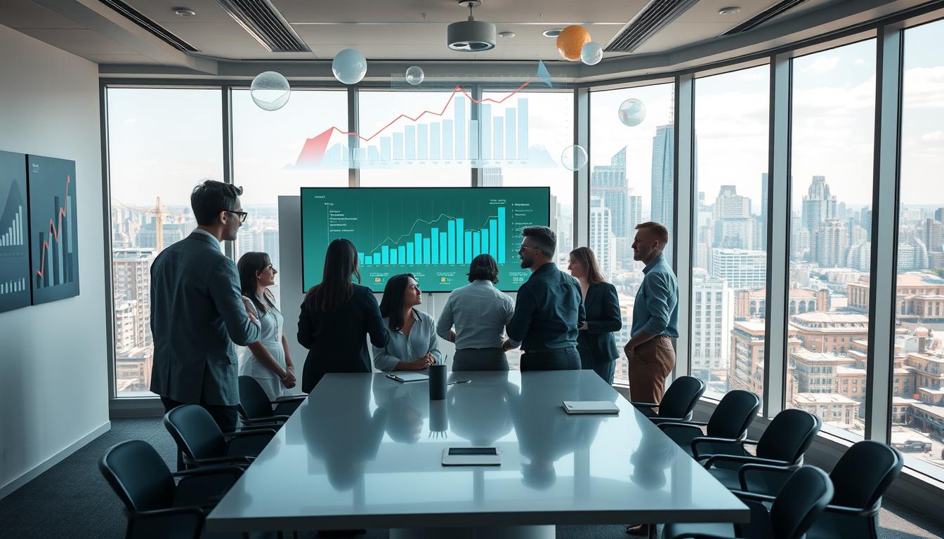 A serene, sunlit office interior with large windows overlooking a vibrant cityscape. In the foreground, a team of business professionals huddle around a sleek, modern conference table, engaged in a lively discussion on growth strategies. Floating above them, abstract data visualizations and financial projections hover, illuminated by soft, diffused lighting. The middle ground features a wall-mounted display panel showcasing growth charts and performance metrics. In the background, the bustling city skyline provides a dynamic, aspirational backdrop, reflecting the startup's ambition and momentum.