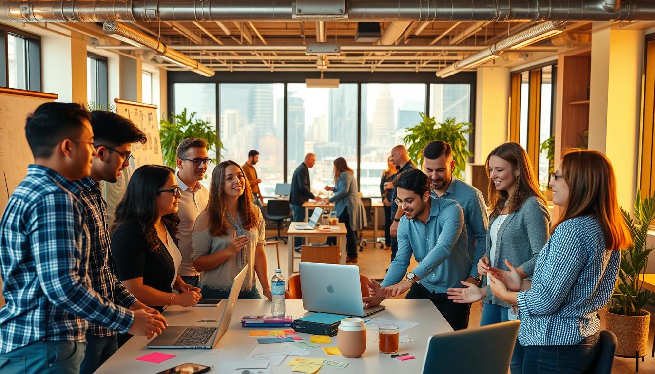 A bustling startup office scene, bathed in warm, natural lighting. In the foreground, a team of young, diverse professionals engaged in a lively brainstorming session, surrounded by whiteboards, sticky notes, and laptops. The middle ground features colleagues collaborating at standing desks, their expressions animated as they discuss strategies. In the background, an open-concept workspace with stylish furniture, potted plants, and large windows overlooking a vibrant city skyline. The overall atmosphere conveys a sense of creativity, camaraderie, and productive energy - essential elements of effective team building for a new venture.
