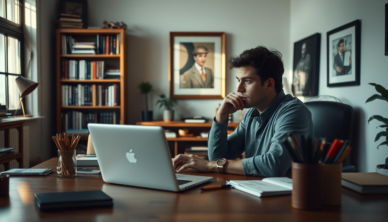A cozy, well-lit office space with a large wooden desk, a laptop, and various stationery items. In the background, a bookshelf filled with books and a framed artwork on the wall. The foreground features a person sitting at the desk, deep in thought, surrounded by a warm, contemplative atmosphere. The lighting is soft and natural, creating a sense of focus and creativity. The overall scene conveys the process of developing a brand's voice and personality, with the individual at the center of this creative endeavor.