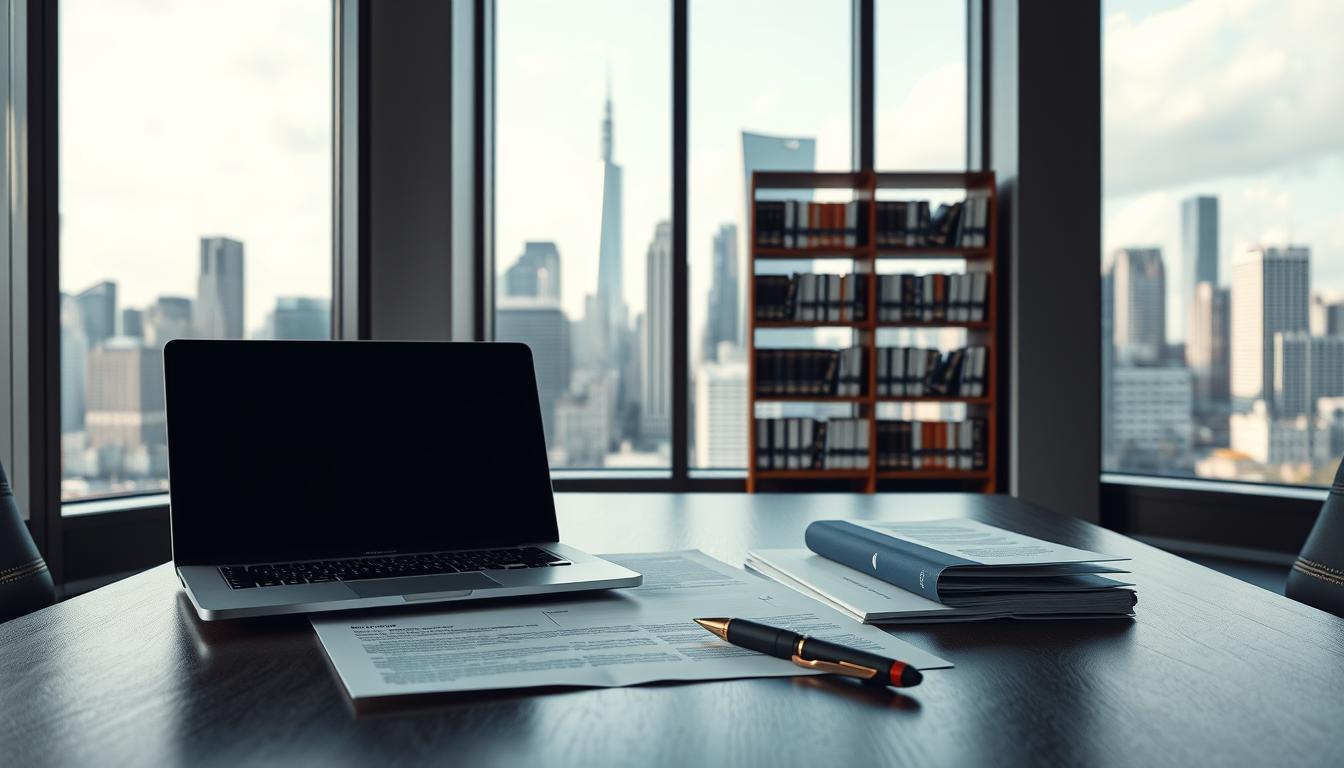 A modern, sleek office space with a large window overlooking a bustling city skyline. In the foreground, a neatly organized desk with a laptop, legal documents, and a pen resting on top. The middle ground features a bookshelf filled with law books and other reference materials. Soft, directional lighting creates a professional and focused atmosphere. The background showcases the cityscape, highlighting the importance of legal compliance for startups navigating the complexities of the business world. The overall composition conveys a sense of order, diligence, and attention to detail required for successful startup legal compliance.
