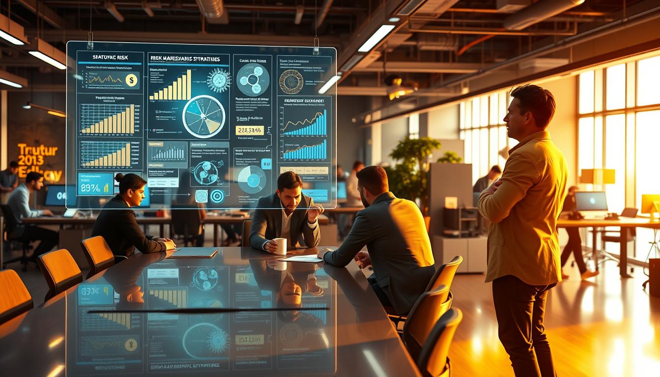 Startup Risk Management Strategies: A vibrant, dynamic scene depicting the key elements of risk management for a young, innovative startup. In the foreground, a team of founders and risk managers collaborating around a sleek, modern conference table, deep in discussion over financial projections and regulatory compliance requirements. In the middle ground, a holographic display showcases data visualizations and risk assessment models, illuminating the complex landscape of startup risks. The background is filled with the bustling energy of the startup office, with developers coding furiously, sales representatives on call, and the founder pacing thoughtfully, considering the next steps to navigate the uncertainties ahead. Warm, focused lighting casts an air of determined professionalism, while the overall composition conveys a sense of calculated risk-taking and strategic foresight.