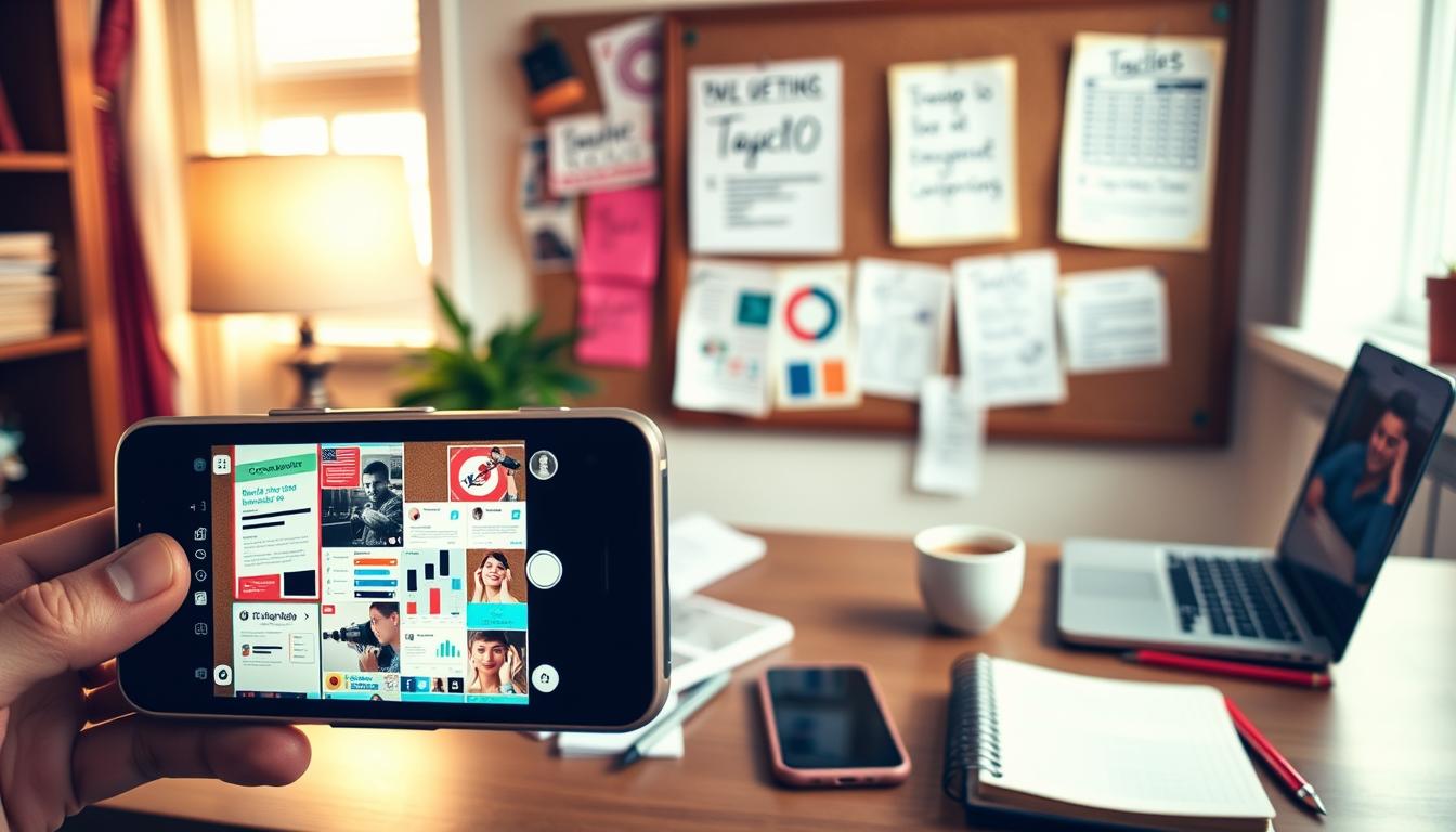 A vibrant social media feed showcases creative tactics for low-cost marketing. In the foreground, a smartphone captures a collage of engaging content - an infographic with data visualizations, a behind-the-scenes video, and a user-generated post. The middle ground features a desk with a laptop, smartphone, and a notebook filled with social media strategy notes. In the background, a corkboard displays printouts of trending hashtags, platform analytics, and competitor research. Warm, natural lighting illuminates the scene, creating a productive, inspirational atmosphere for building an impactful social media presence on a limited budget.