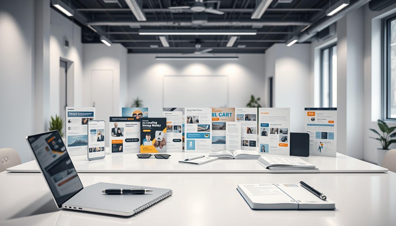An array of marketing tools and strategies on a sleek, modern table against a backdrop of a minimalist, well-lit office. In the foreground, a laptop, a pen, and a notebook sit neatly arranged, symbolizing the creative process of content creation. In the middle ground, various marketing materials such as brochures, flyers, and social media graphics are displayed, showcasing the diverse elements of a comprehensive marketing campaign. The background features clean lines, neutral tones, and subtle hints of technology, evoking a professional, forward-thinking atmosphere. The overall scene conveys a sense of organization, productivity, and a focus on developing effective marketing content to support a successful product launch.