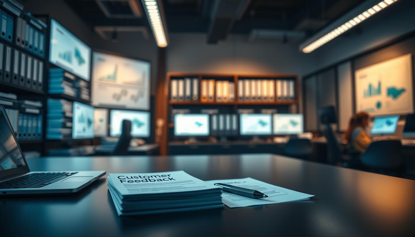 A dimly lit office space, with a large desk in the foreground. On the desk, a laptop, a pen, and a stack of papers labeled "Customer Feedback". In the middle ground, shelves filled with folders and binders, hinting at a well-organized system for collecting and storing customer feedback. The background is blurred, but suggests a wall of monitors displaying graphs and charts, indicating data analysis. The overall atmosphere is one of focused productivity, with a touch of warm, ambient lighting, conveying a sense of professionalism and attention to detail in the customer feedback collection process.