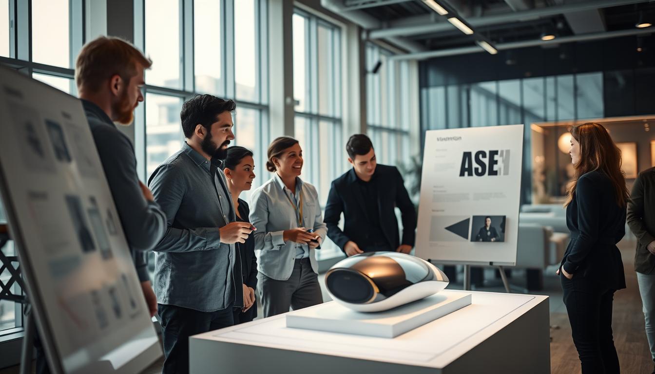 A meticulously planned product launch strategy is visualized in this image. In the foreground, a team of marketing professionals and designers collaborate on a large whiteboard, sketching out the campaign's key elements. The middle ground features a sleek, minimalist product display with a striking visual style. The background showcases a modern, well-lit office space with floor-to-ceiling windows, conveying a sense of professionalism and innovation. The overall mood is one of focused determination, with the team working in harmony to craft a successful product introduction. Soft, directional lighting and a shallow depth of field create a cinematic, aspirational atmosphere.