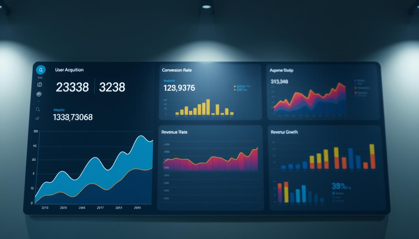 A well-lit, minimalist business dashboard displaying key performance indicators for a successful product launch. The foreground features a sleek, high-resolution graph with clearly labeled metrics such as user acquisition, conversion rate, and revenue growth. The middle ground showcases colorful, intuitive data visualizations arranged in a clean, grid-like layout. The background maintains a subtle, neutral tone, allowing the performance data to take center stage. The overall mood is one of clarity, professionalism, and data-driven decision making, reflecting the importance of setting realistic launch goals and KPIs.