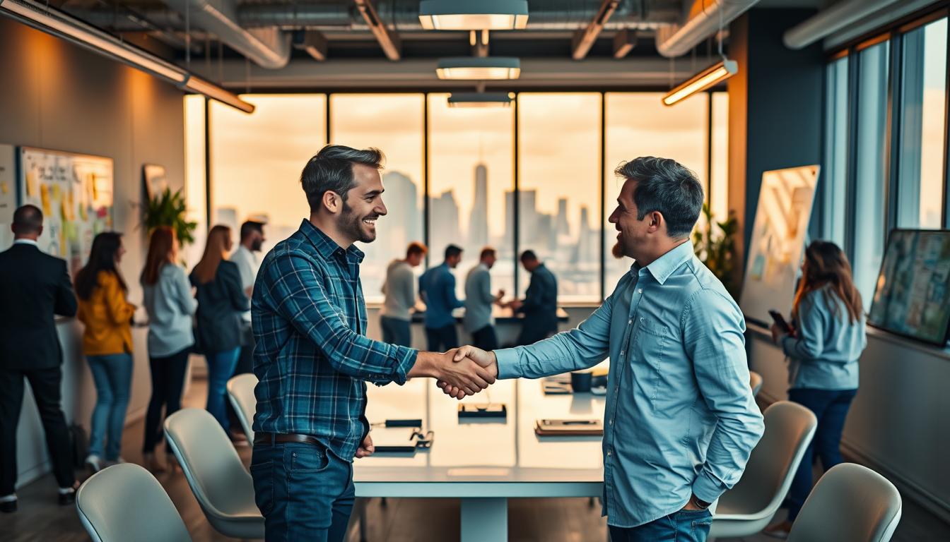 A bustling startup office, filled with creative collaboration. In the foreground, two entrepreneurs shake hands, sealing a partnership agreement. Behind them, teams huddle around a sleek conference table, discussing new projects. The walls are adorned with whiteboards, post-it notes, and innovation sketches. Warm, ambient lighting casts a soft glow, capturing the productive yet relaxed atmosphere. Through large windows, the skyline of a thriving city skyline provides a dynamic backdrop, symbolizing the growth and potential of these startup endeavors. A sense of energy, innovation, and synergy permeates the scene, reflecting the power of strategic partnerships in the startup ecosystem.