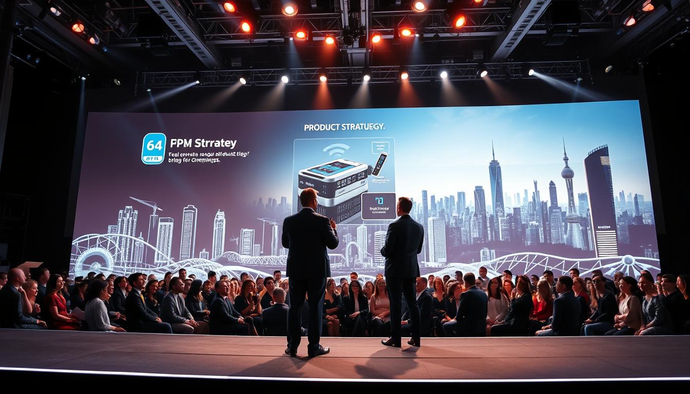 A professional launch team executes a coordinated product strategy on a sleek, modern stage. In the foreground, executives present with confidence, backed by a dynamic display showcasing product features. The middle ground depicts a packed audience, their faces alight with excitement. The background features a stylized, futuristic cityscape, hinting at the global impact of this product launch. Dramatic lighting casts a sense of momentous occasion, while a wide-angle lens captures the grand scale of the event. The overall atmosphere conveys a thrilling unveiling, radiating a spirit of innovation and success.