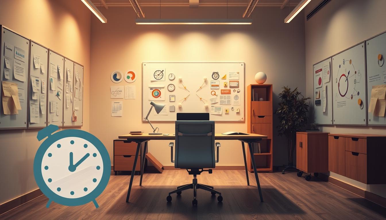 A modern office interior with a minimalist desk and chair, surrounded by geometric shapes and infographic elements. The walls are adorned with whiteboards and sticky notes, conveying a sense of organized chaos. Warm, focused lighting illuminates the scene, creating a productive and efficient atmosphere. In the foreground, a stylized clock and calendar icons suggest the importance of time management. The overall composition reflects the strategic planning and organization required for successful startup management.
