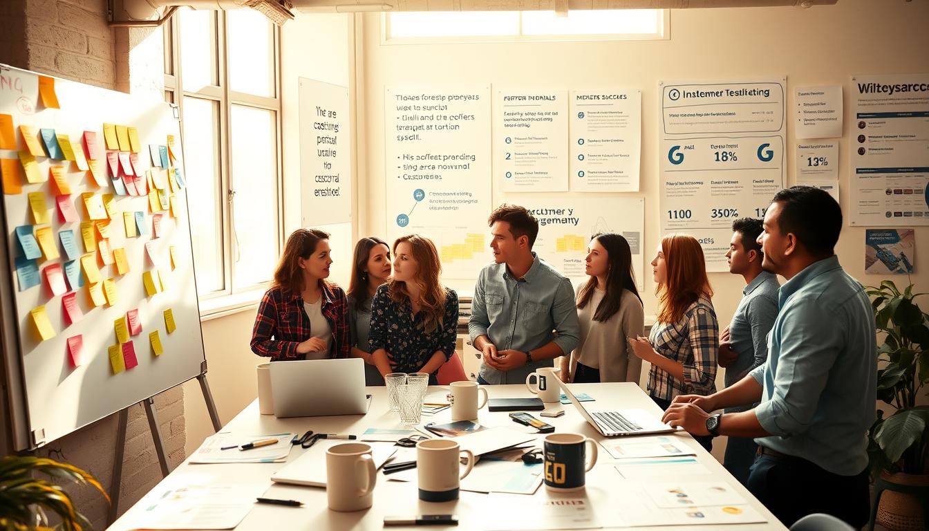 A dynamic startup workspace with colorful sticky notes, inspirational quotes, and strategically placed marketing materials. Bright natural lighting filters through large windows, casting a warm glow over the scene. In the foreground, a team of young professionals brainstorm ideas on a whiteboard, their expressions focused and determined. The middle ground features a cluster of laptops, coffee mugs, and a variety of marketing collateral - flyers, business cards, and social media graphics. In the background, a wall-mounted display showcases customer testimonials and performance metrics, guiding the team's marketing decisions. The overall atmosphere is one of creativity, collaboration, and a relentless pursuit of startup success.