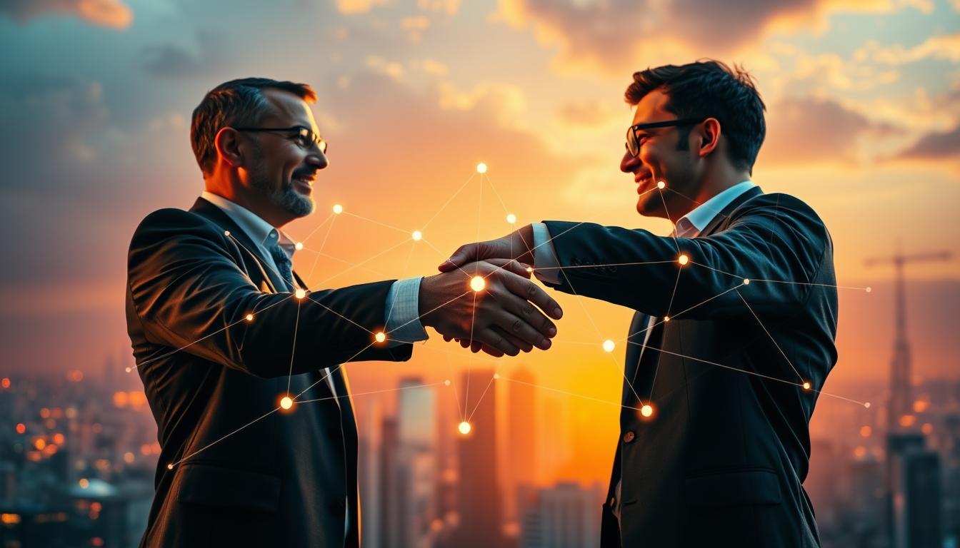 A dynamic collaboration between two business partners, their hands clasped in a symbolic handshake, set against a backdrop of a vibrant city skyline. The partners, dressed in professional attire, stand in the foreground, their expressions conveying a sense of unity and shared purpose. The middle ground features a graphic overlay of interconnected lines and shapes, representing the intricate web of strategies and plans they are devising. The background is bathed in warm, golden lighting, creating an atmosphere of success and prosperity. The overall scene evokes a feeling of strategic partnership, innovation, and a forward-thinking approach to business growth.