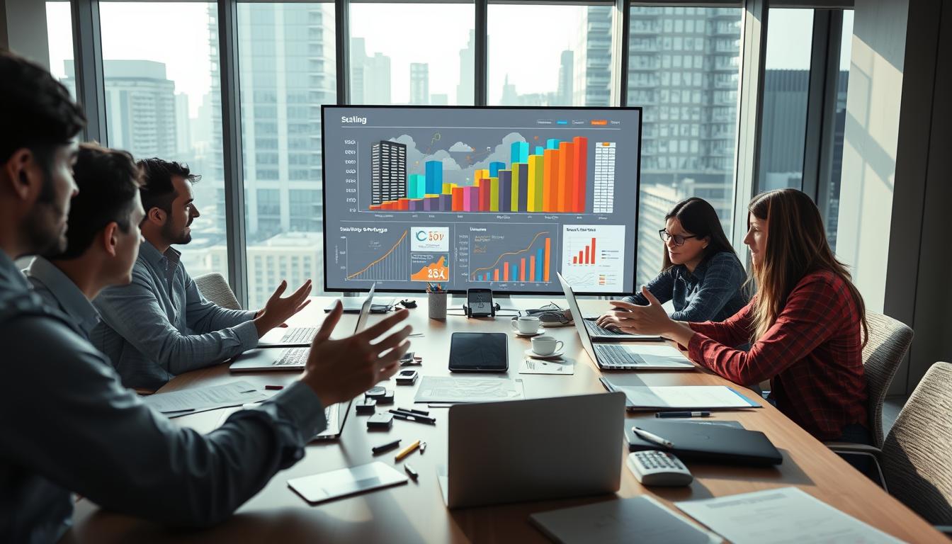 A modern, well-lit office space with a team of startup founders gathered around a conference table, deep in discussion. The foreground features their hands gesturing as they share ideas, with laptops, whiteboards, and office supplies scattered across the table. In the middle ground, a large wall-mounted display shows a visual representation of business growth and scaling strategies, with colorful graphs and charts. The background showcases large windows overlooking a bustling city skyline, conveying a sense of energy and potential. The overall mood is one of focused collaboration, strategic planning, and a drive towards scaling the startup's operations.