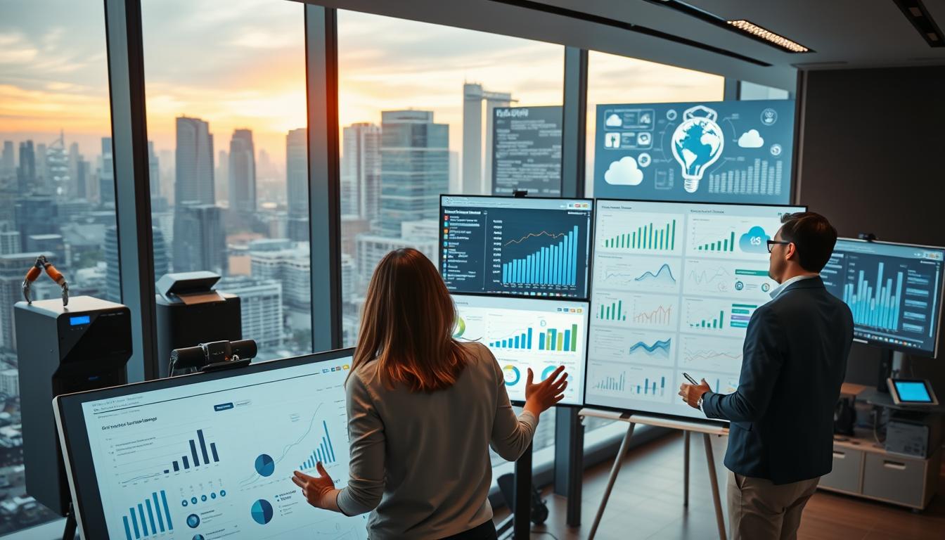 A sleek, modern office interior with large windows overlooking a bustling city skyline. In the foreground, a team of professionals discussing product scaling strategies on a digital whiteboard, gesturing animatedly. The middle ground features various charts, graphs, and dashboards displayed on high-resolution monitors, visualizing growth trends and key performance indicators. The background showcases innovative technologies such as 3D printers, robotics, and cloud computing infrastructure, hinting at the advanced tools and systems powering the product scaling process. Warm, directional lighting creates a dynamic, productive atmosphere, while a minimalist color palette of grays, whites, and blues conveys a sense of professionalism and efficiency.