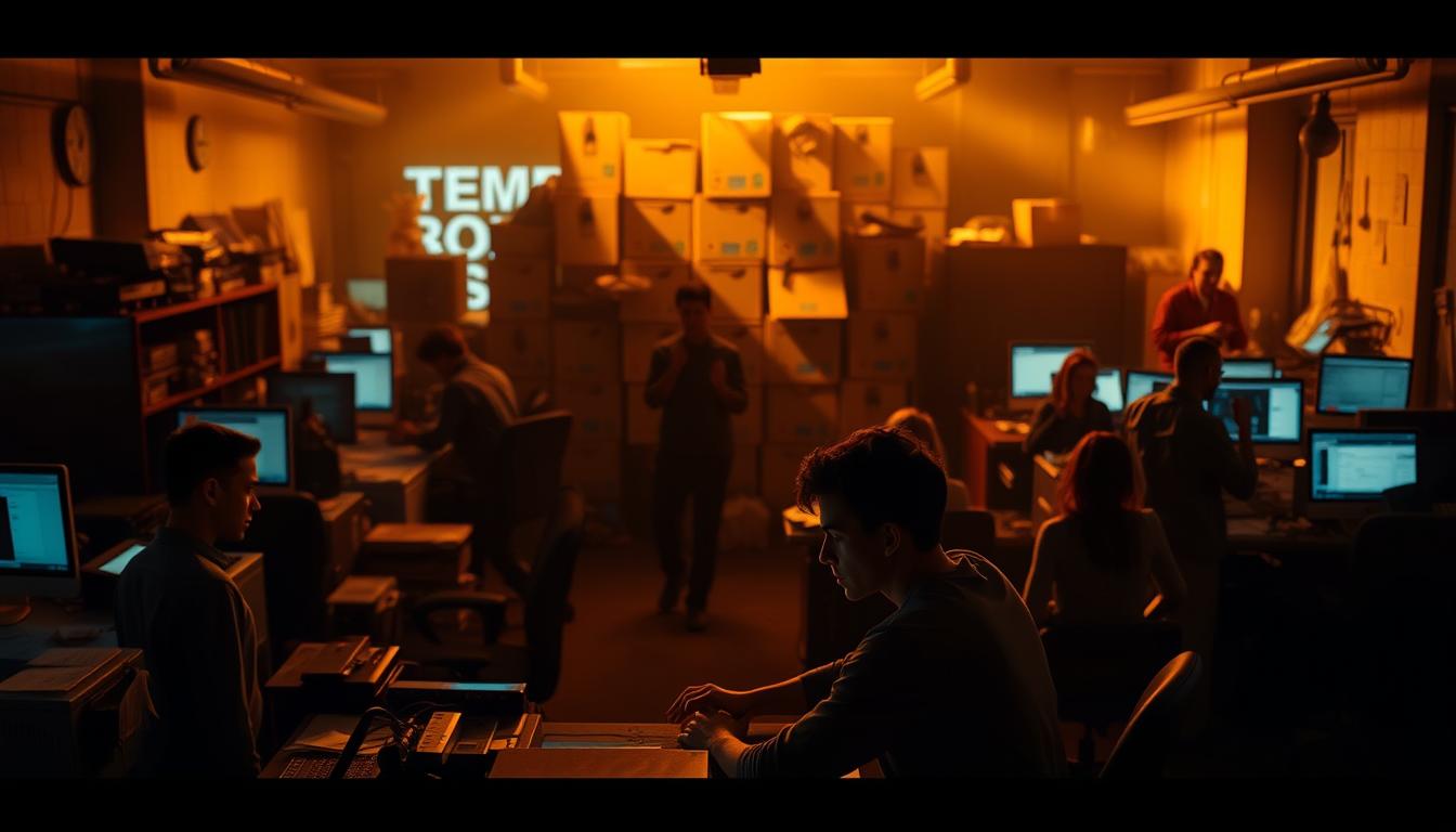 A bustling startup office, dimly lit with a warm, amber glow. In the foreground, a young team huddled around a cluttered desk, their expressions a mix of frustration and anxiety as they grapple with technical issues. In the middle ground, an imposing wall of boxes and equipment, haphazardly stacked, casting long shadows across the room. The background is a blur of activity, with employees rushing about, phones ringing, and the faint glow of computer screens illuminating the chaos. The atmosphere is tense, with a sense of impending doom, capturing the common pitfalls and mistakes often encountered during a startup product launch.