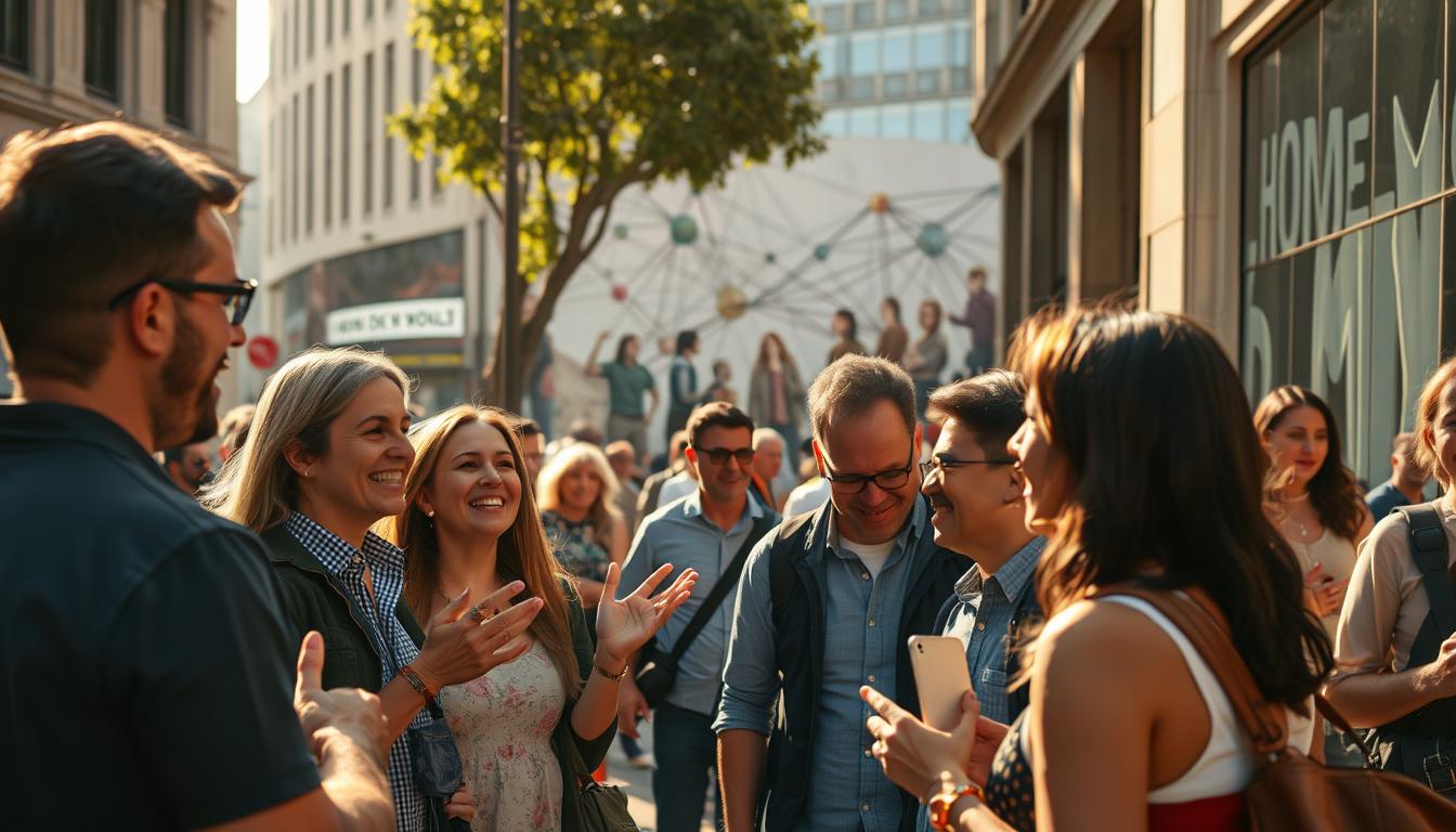 A bustling city street, the sun casting a warm glow on the scene. In the foreground, a group of people animatedly gesturing and chatting, their expressions lively and engaged. In the middle ground, passersby pause to listen, intrigued by the conversation. In the background, a mural depicting a network of interconnected people, symbolizing the power of word-of-mouth. The lighting is natural, with subtle shadows adding depth. The camera angle is slightly elevated, capturing the energy and dynamics of the scene. The overall mood is one of excitement and connection, showcasing the potential of word-of-mouth marketing strategies.