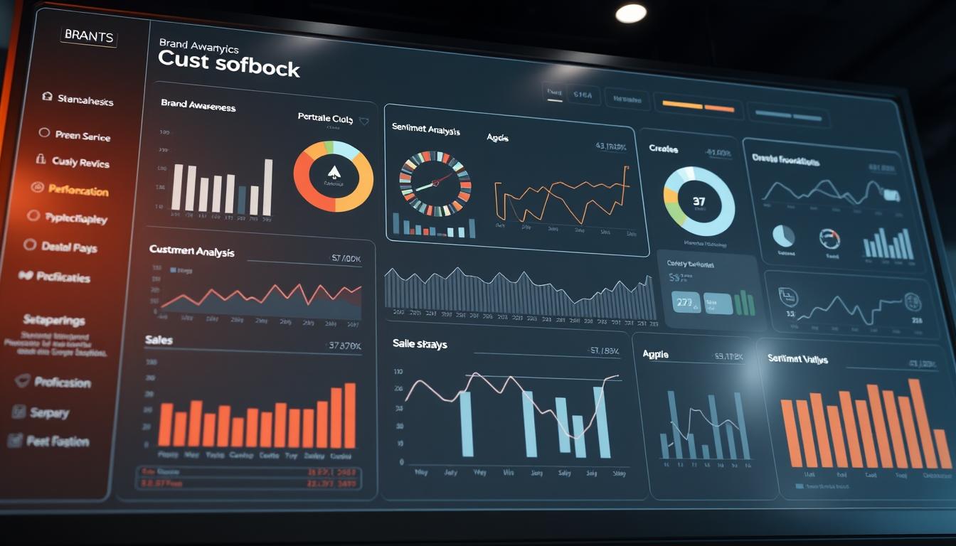 Detailed analytics dashboard showcasing brand performance metrics. Sleek, minimalist interface with clean typography and data visualizations. Prominent charts, graphs, and infographics illustrating key metrics like brand awareness, customer engagement, sentiment analysis, and sales data. Subtle metallic accents and translucent overlays create a sophisticated, tech-forward aesthetic. Soft, balanced lighting casts a warm glow over the digital display. High-resolution, ultra-detailed 3D rendering captured at a low camera angle to emphasize the dashboard's impressive scale and importance.