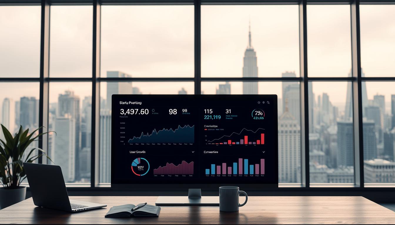 A modern, minimalist startup performance dashboard in a well-lit office setting. In the foreground, a sleek, high-resolution display shows key metrics like revenue, user growth, and conversion rates, with clean data visualizations. The middle ground features a standing desk with a laptop, notebook, and coffee mug, hinting at the analytical work behind the scenes. The background showcases floor-to-ceiling windows overlooking a bustling city skyline, conveying a sense of progress and ambition. The overall mood is one of focus, efficiency, and the thrill of entrepreneurial success.