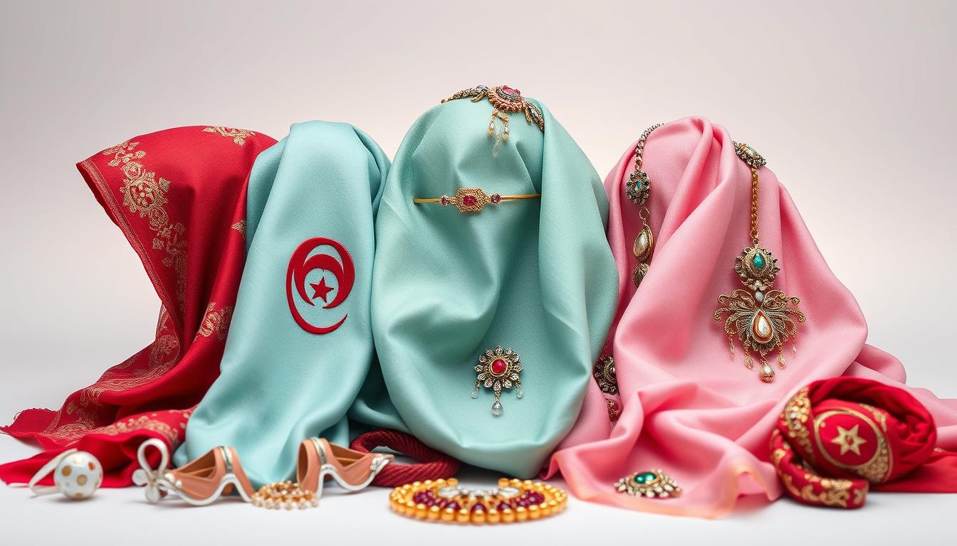 Elegant Algerian Hijabi Accessories: A Captivating Display of Femininity and Grace. Showcase a vibrant arrangement of traditional Algerian hijab accessories, including delicate embroidered headscarves, ornate hairpins, and intricate jewelry pieces. Capture the essence of Algerian women's style, with a focus on the harmonious interplay of colors, textures, and cultural motifs. Situate the accessories against a softly lit, minimalist background that allows them to take center stage, exuding an air of timeless elegance and cultural pride. Evoke a sense of cultural richness and sartorial sophistication that embodies the section's theme of "Accessories that Complete the Algerian Hijabi's Look."