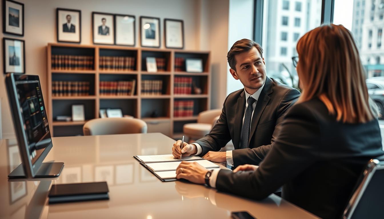 A professional car accident attorney's office interior. In the foreground, a well-dressed attorney (in a tailored suit, gender-neutral) sits at a sleek desk, engaging with a client, both focused and attentive. The middle ground features a modern office setting with law books on shelves, framed legal credentials on the wall, and a soft-lit atmosphere that conveys trust and professionalism. In the background, there are large windows letting in natural light, showcasing a view of a city street with subtle hints of the bustle outside. The lighting is warm and inviting, creating a calm and reassuring mood. The lens is slightly wide-angle to capture the elegance of the room while keeping the focus on the interaction between the attorney and client. No text or logos in the image.