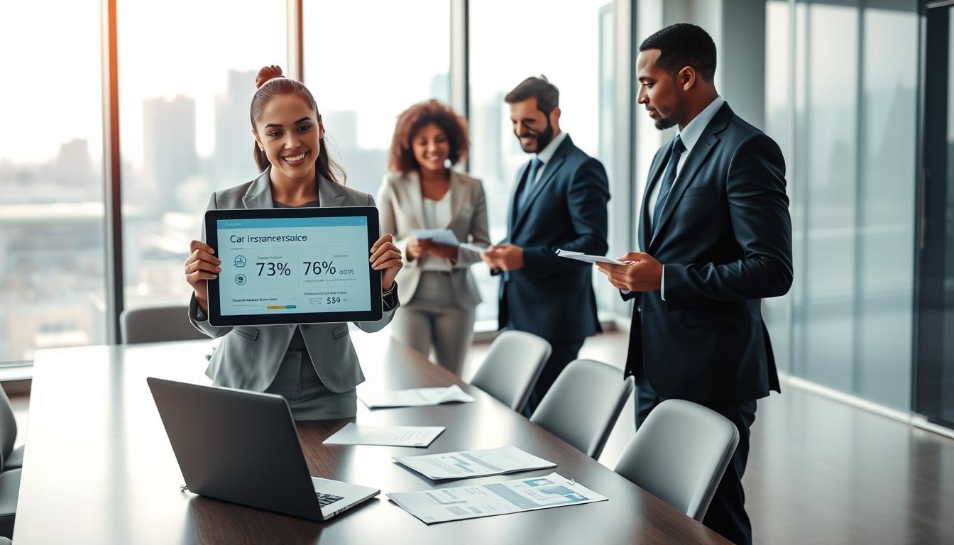 A sleek, modern office environment showcasing a group of diverse professionals engaged in a discussion about comprehensive car insurance. In the foreground, a confident woman in a tailored business suit gestures towards a digital tablet displaying car insurance statistics. Beside her stands a man in a crisp suit, taking notes. The middle ground features a large conference table with insurance documents and a laptop open to a legal database. In the background, large windows provide natural light, revealing a city skyline. The atmosphere conveys professionalism and collaboration. Soft, warm lighting enhances the inviting feel of the office, while a subtle blur creates depth. Emphasize a harmonious palette of blues and whites to evoke trust and stability.