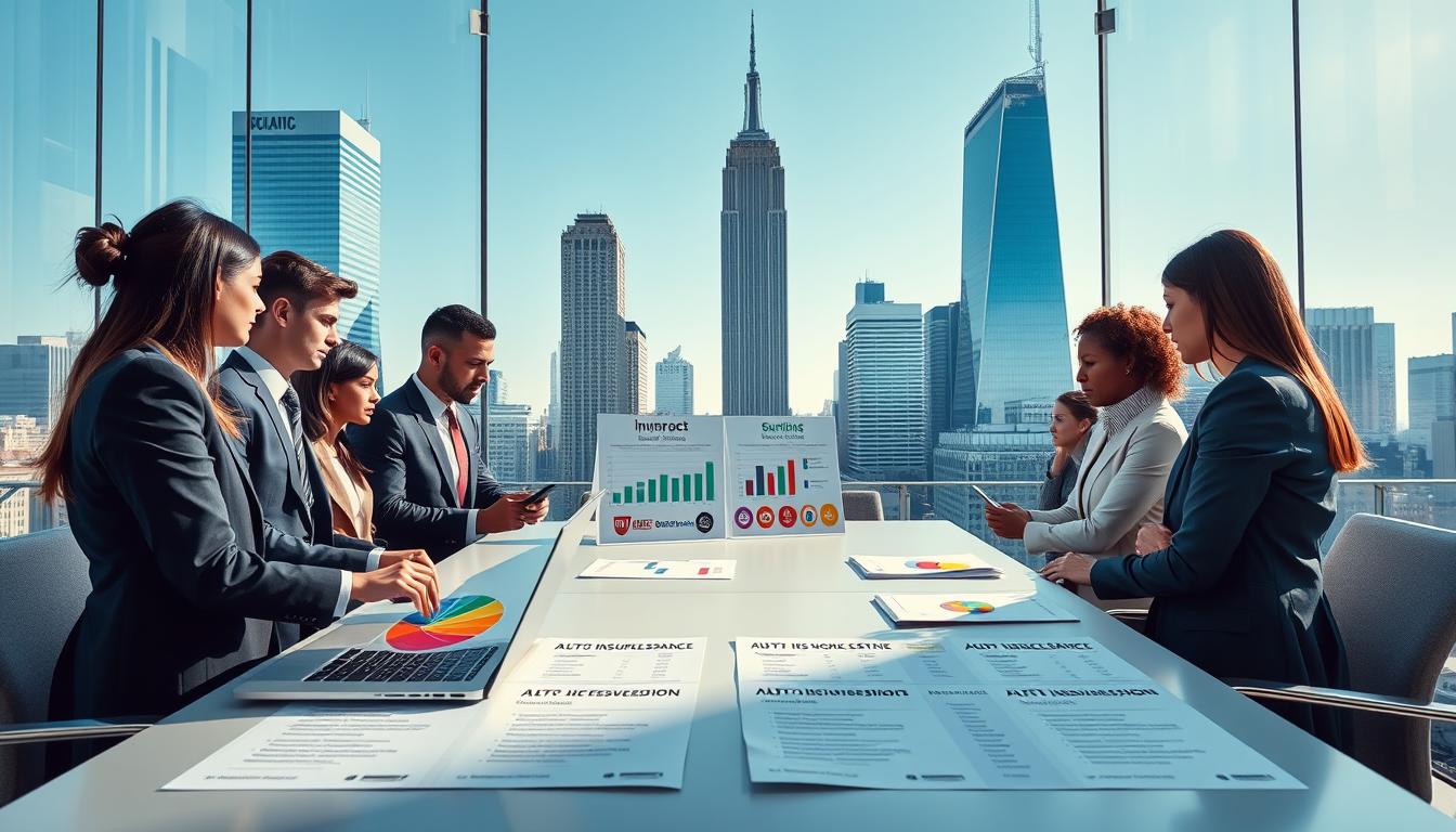 A visually engaging scene illustrating an auto insurance policy comparison set in New York City. In the foreground, display a diverse group of professionals in business attire, attentively reviewing colorful charts and graphs showing different auto insurance policy options on a sleek laptop. In the middle ground, feature a large, modern conference table with documents and comparative posters of various insurance companies, showcasing key features and price points. The background should depict iconic New York City skyscrapers under a bright blue sky, with soft, natural lighting to create a clear and inviting atmosphere. Use a wide-angle lens effect to capture the dynamic setting, conveying a sense of professionalism and collaboration.
