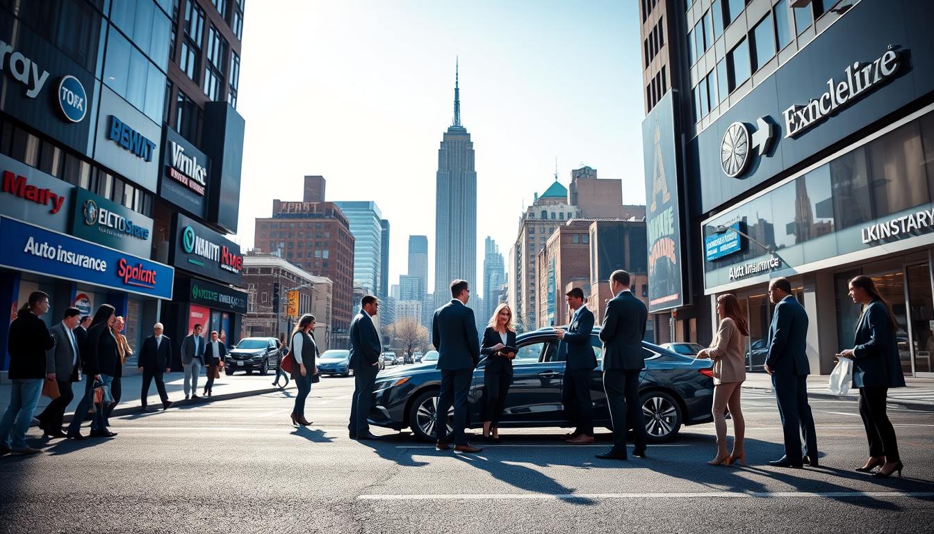 A sleek New York City street scene showcasing various insurance companies' logos on modern office buildings, with a diverse group of individuals in professional business attire discussing in the foreground. The middle ground features a shiny, well-maintained car parked alongside a service representative providing information to a potential client. The background captures the iconic skyline of Manhattan under a clear blue sky, with soft, natural lighting illuminating the scene. The atmosphere is lively and dynamic, reflecting the energy of the bustling city while emphasizing the professionalism and trustworthiness of auto insurance. The angle is slightly elevated, offering a wide perspective of the urban environment, inviting the viewer into the world of New York auto insurance.