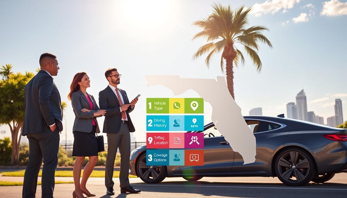 A visually striking illustration depicting the concept of auto insurance rates in Florida, focusing on five key factors. In the foreground, feature a diverse group of three professionals dressed in business attire, discussing a colorful infographic with icons representing key factors like vehicle type, driving history, location, and coverage options. The middle ground should include a sleek car parked beside a palm tree, symbolizing Florida, under a bright sunlit sky. In the background, showcase a skyline of a city, hinting at urban insurance considerations. Bright and engaging lighting creates an optimistic atmosphere, with a vibrant color palette to evoke a sense of opportunity and accessibility in selecting affordable auto insurance.