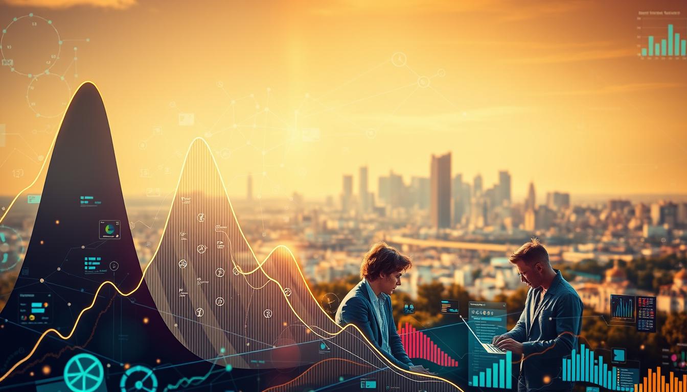 A vibrant, data-driven landscape comes into focus. In the foreground, a towering graph charts the growth of customer insights, its lines and curves illuminated by a soft, ambient glow. Surrounding it, an array of interconnected data visualizations - colorful pie charts, sleek dashboards, and intricate networks of data points - paint a picture of a dynamic, ever-evolving business ecosystem. In the middle ground, a team of analysts pores over the data, their expressions intense and focused, while in the background, a city skyline stretches out, hinting at the larger context and the endless possibilities that data-centric strategies can unlock. The scene is bathed in a warm, golden light, creating a sense of optimism and opportunity.