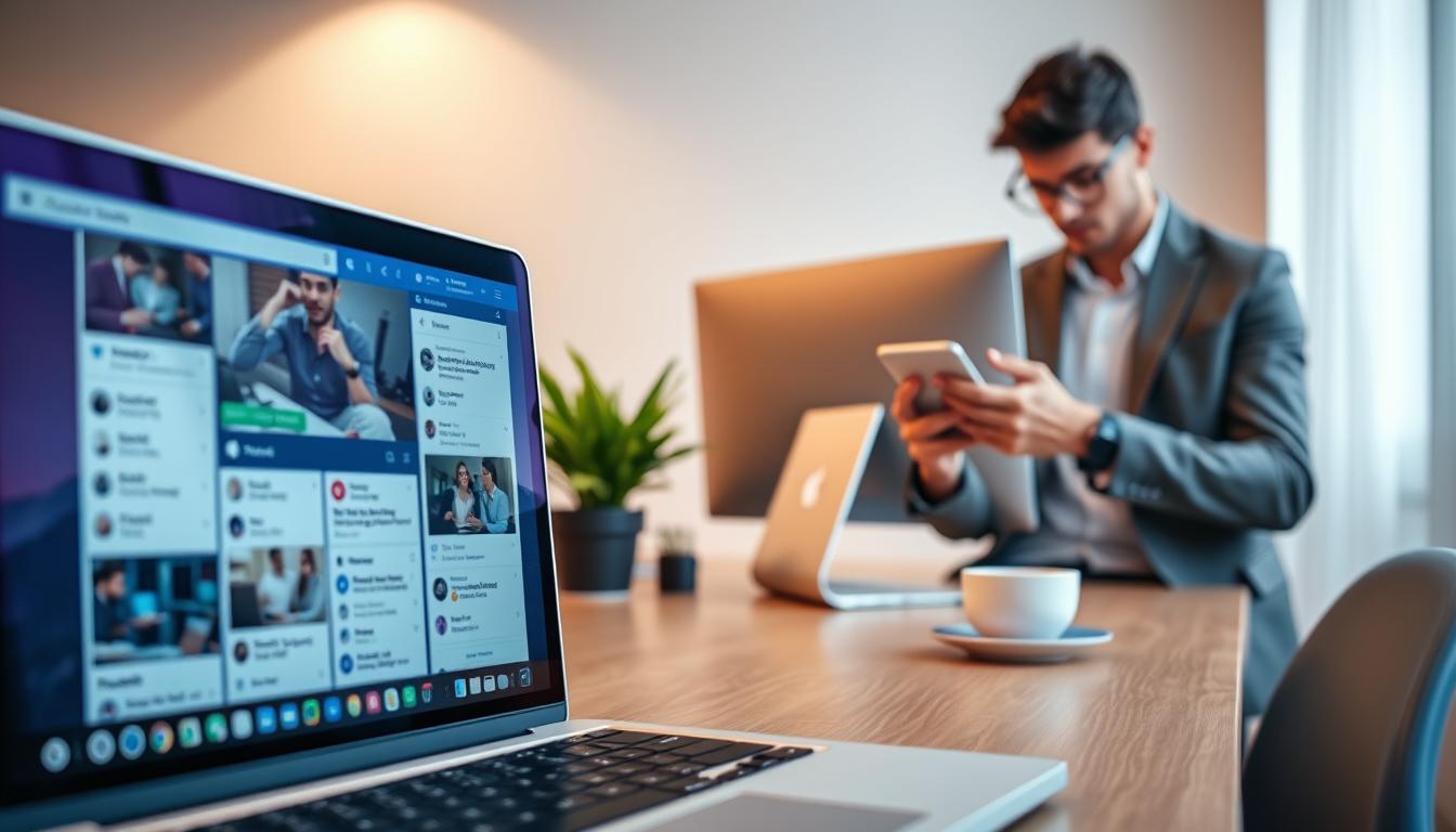 A modern office setting with a focus on social media and email marketing. In the foreground, a laptop screen displays various social media platforms and email composition windows. In the middle ground, a smartphone is held by a stylishly dressed young professional, their fingers tapping away at the screen. The background features a minimalist desk setup with a sleek monitor, a potted plant, and a cup of coffee. Warm, diffused lighting creates a productive and collaborative atmosphere. The scene conveys the seamless integration of digital marketing strategies in a contemporary work environment.