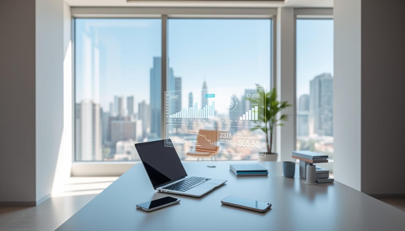 A serene, well-lit office setting with a large window overlooking a modern cityscape. In the foreground, a sleek, minimalist desk with a laptop, smartphone, and a few carefully arranged office supplies. On the desk, a holographic display showing various identity data metrics and analytics. The middle ground features a comfortable chair and a potted plant, creating a balanced, productive atmosphere. The background showcases the urban skyline, with skyscrapers and a clear blue sky, suggesting the benefits of leveraging identity data in a professional, forward-thinking environment.