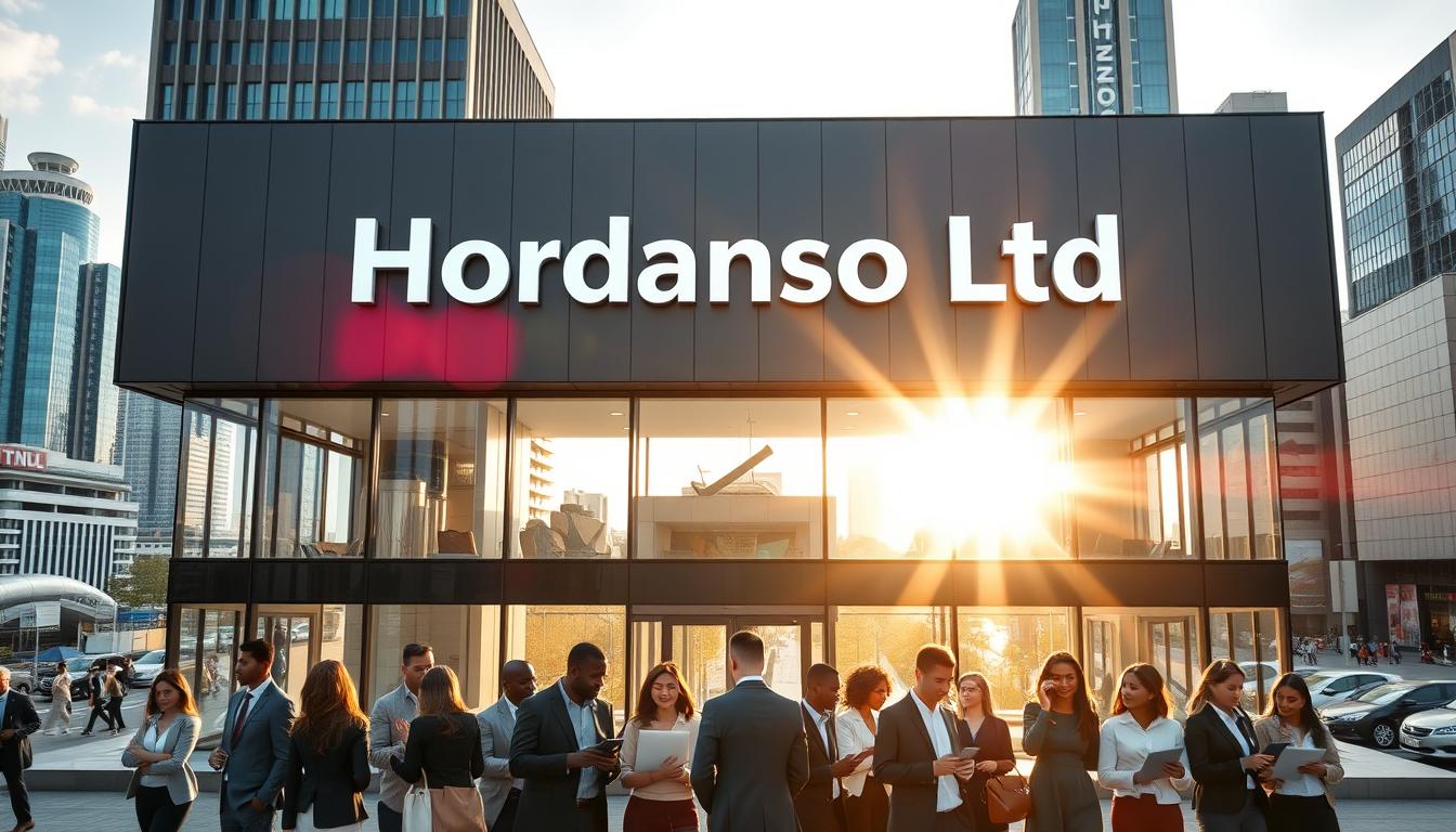 A modern, sleek office building with a minimalist facade, showcasing the Hordanso Ltd. brand name on the signage. The building is set against a vibrant cityscape, with skyscrapers and bustling streets in the background. Sunlight filters through the large windows, creating a warm, welcoming atmosphere. The foreground features a group of people - a diverse mix of professionals, each with a laptop or mobile device, representing the domain registration services offered by Hordanso Ltd. in Nigeria. The overall scene conveys a sense of efficiency, technology, and a thriving business environment. A modern, sleek office building with a minimalist facade, showcasing the Hordanso Ltd. brand name on the signage. The building is set against a vibrant cityscape, with skyscrapers and bustling streets in the background. Sunlight filters through the large windows, creating a warm, welcoming atmosphere. The foreground features a group of people - a diverse mix of professionals, each with a laptop or mobile device, representing the domain registration services offered by Hordanso Ltd. in Nigeria. The overall scene conveys a sense of efficiency, technology, and a thriving business environment.