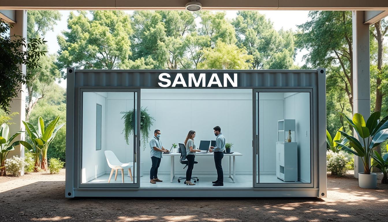 A modern, well-lit container office with the SAMAN Portable logo prominently displayed. The sleek, minimalist design features large windows that let in plenty of natural light, creating a bright and airy workspace. In the foreground, several employees are engaged in productive tasks, highlighting the practical benefits of this modular, high-performance cabin solution. The middle ground showcases the flexible layout and customization options, while the background depicts the lush, green surroundings of the BTM Layout, emphasizing the harmonious integration of these sustainable, eco-friendly structures within the natural environment.