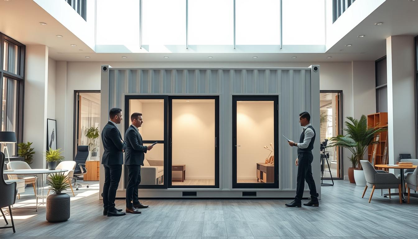 A well-lit, modern office interior with a SAMAN Portable container office set up in the middle ground. The container's sleek, minimalist design blends seamlessly with the surrounding workspace. Professionals thoughtfully assess the layout, considering lighting, furniture placement, and overall functionality. The scene conveys a sense of productivity and careful consideration of the container office's suitability for the business. Soft, directional lighting from large windows creates a warm, inviting atmosphere. The background features other office furnishings and decor, suggesting a professional, comfortable work environment.