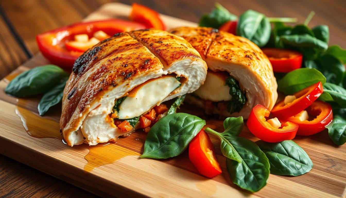 Roasted Red Pepper, Spinach, and Mozzarella Stuffed Chicken