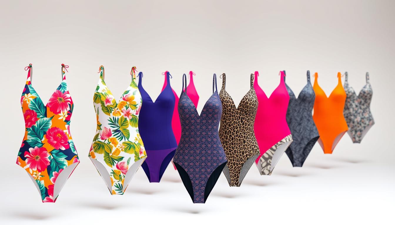A vibrant array of swimsuit patterns, captured in a high-resolution, studio-lit photograph. Swimsuits in the foreground showcase a variety of bold, eye-catching designs, including tropical florals, geometric abstracts, and subtle animal prints. The middle ground features additional swimsuits in solid colors and subtle textured patterns, allowing for a comparison of the flattering effects. The background is a clean, minimalist setting, ensuring the swimsuit patterns remain the focal point. Captured with a sharp, high-quality lens to emphasize the intricate details and vibrant hues of the swimsuit fabrics. The overall mood is one of sophistication and fashion-forward style, highlighting the diverse range of swimsuit patterns and their potential to flatter the figure.