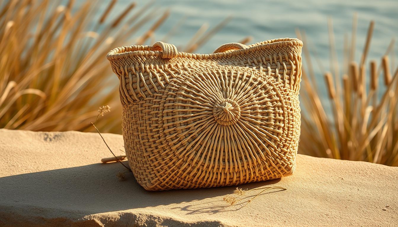 A sophisticated raffia bag, crafted with intricate woven details, rests against a serene natural backdrop. The bag's textured surface reflects warm, diffused sunlight, casting subtle shadows that accentuate its organic form. Positioned on a smooth, earthy surface, the bag is accompanied by a few delicate botanicals, hinting at its versatility beyond the beach. The overall composition conveys a sense of elevated, effortless style - a refined accessory that can seamlessly transition from casual outings to more formal settings.