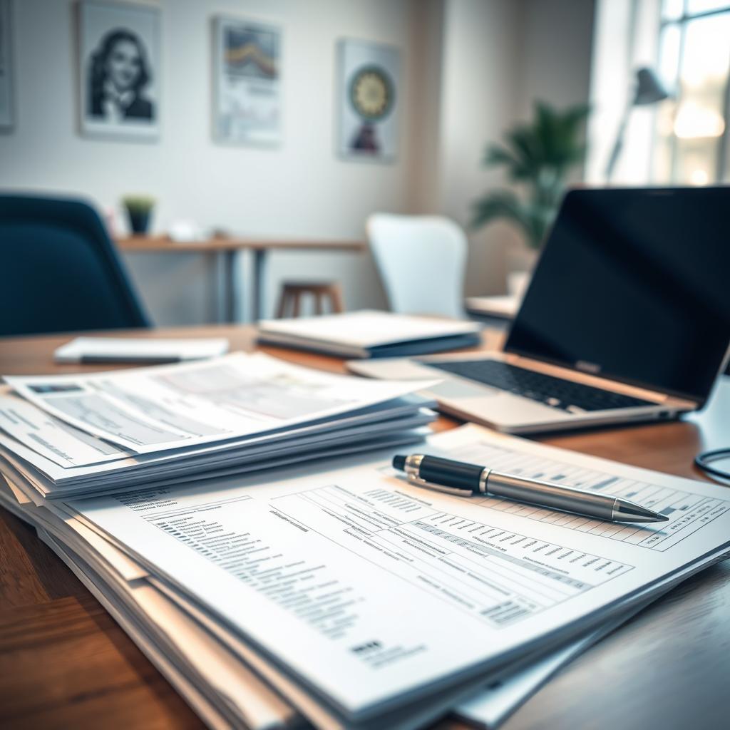 Detailed business expense documentation on a well-organized desk, illuminated by soft, warm lighting. In the foreground, a stack of receipts, expense reports, and spreadsheets neatly arranged. In the middle ground, a laptop and a pen resting next to the documents, conveying a sense of active record-keeping. The background features a clean, minimalist office environment, with subtle hints of professionalism and attention to detail. The overall atmosphere exudes a mood of careful organization, financial responsibility, and audit readiness.