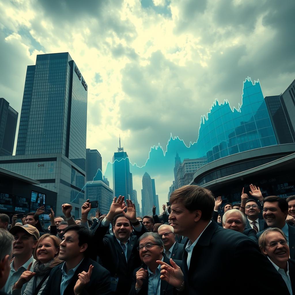 A dynamic cityscape with a towering stock exchange building, its glass facade reflecting the shifting moods of the market. In the foreground, a crowd of traders and investors, their expressions ranging from elation to concern, gesticulating animatedly. The middle ground features a larger-than-life graph, its lines undulating like waves, visualizing the volatility of market sentiment. In the background, a cloudy sky, occasionally pierced by shafts of light, symbolizing the unpredictability and uncertainty that permeates the financial landscape. The scene is captured with a cinematic, high-contrast lighting, lending a sense of drama and tension to the overall composition.