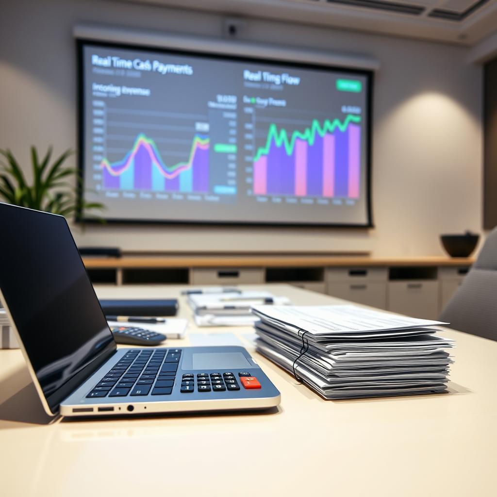 A well-lit modern office desk with a laptop, calculator, and stacks of financial documents. In the background, a large projection screen displays a real-time cash flow chart, color-coded to show incoming payments and outgoing expenses. The scene conveys a sense of financial control and data-driven decision making, crucial for effective e-commerce cash flow management.
