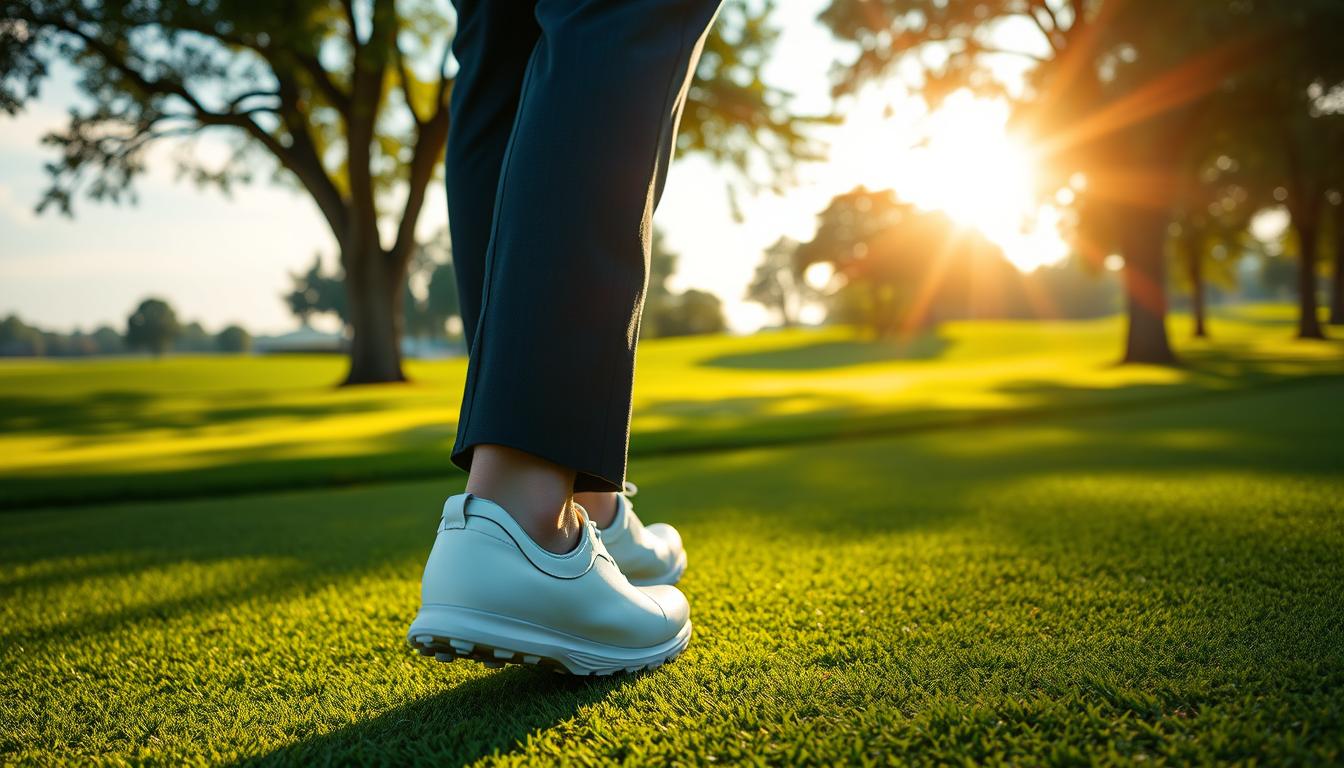 An impeccably dressed golfer strolling across a manicured fairway, the sun casting a warm glow on their pristine white golf shoes. The shoes feature a classic, understated design with subtle spiked soles, ensuring a secure and stable stance on the course. In the background, the lush green expanse of the golf course stretches out, framed by towering trees and a bright, azure sky. The overall scene exudes a sense of elegance, sophistication, and the timeless traditions of the sport.