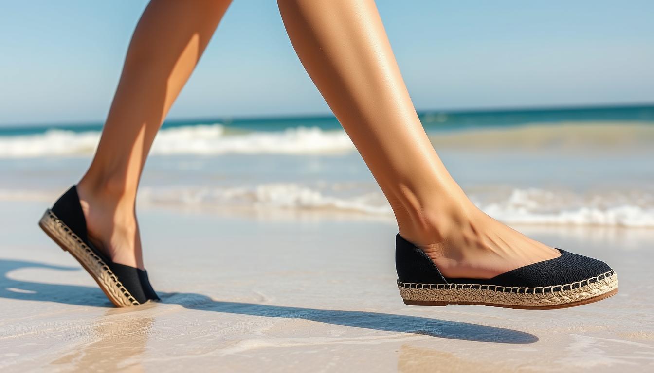Generate an image of a woman wearing black Castañer's Carina espadrilles on the beach.
