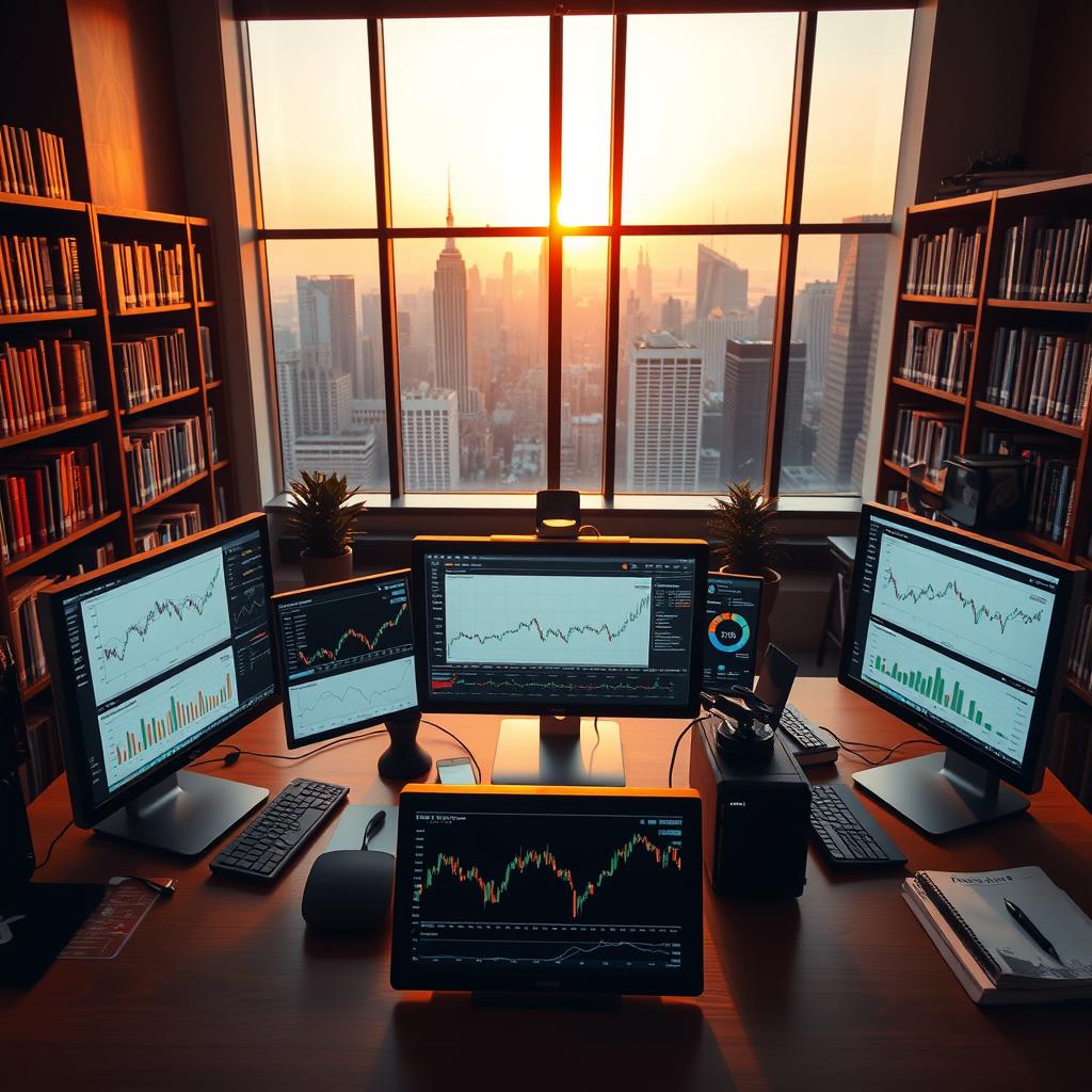 A data-filled office scene, illuminated by warm, directional lighting that casts subtle shadows. In the foreground, a desk with multiple computer monitors displaying various financial charts, graphs, and dashboards. On the desk, a tablet shows a real-time stock ticker. In the middle ground, bookshelves line the walls, filled with finance textbooks and industry journals. The background features large windows overlooking a bustling city skyline, with the sun low on the horizon, creating a serene, professional atmosphere. The overall impression is one of a well-equipped, data-driven financial analysis workspace.