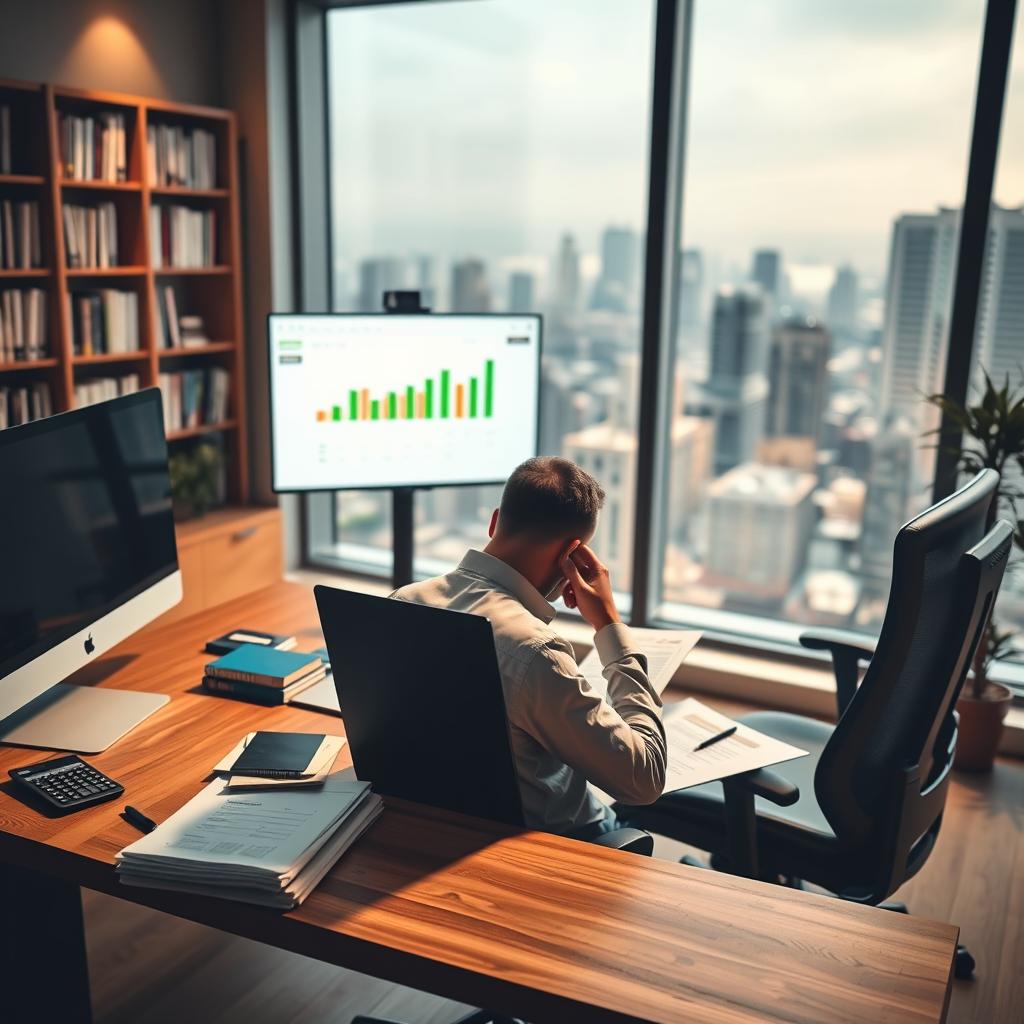 A well-lit office space, with a sleek wooden desk and a large monitor displaying a financial dashboard. On the desk, a stack of papers, a calculator, and a pen. In the foreground, a person sitting in an ergonomic chair, deep in thought, reviewing financial documents. The background features a bookshelf filled with financial planning books and a large window overlooking a bustling city skyline. The lighting is warm and focused, creating a sense of concentration and productivity. The overall atmosphere conveys the importance of careful financial planning and the attention to detail required for sound financial management.