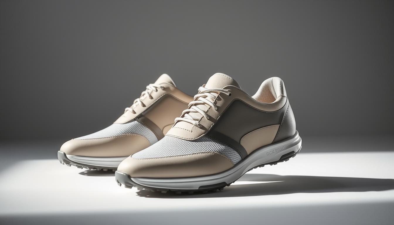 A fashionable pair of spikeless golf shoes in a dynamic studio setting. The smooth, streamlined silhouette takes center stage, with a neutral color palette that exudes sophisticated style. Detailed textures and materials, such as supple leather and lightweight mesh, create visual interest. Dramatic side-lighting casts dramatic shadows, heightening the sleek, modern aesthetic. The shoes are positioned against a minimalist backdrop, allowing them to be the focal point. An air of confidence and effortless sophistication permeates the scene, capturing the essence of Boxto's leadership in the spikeless golf shoe market.