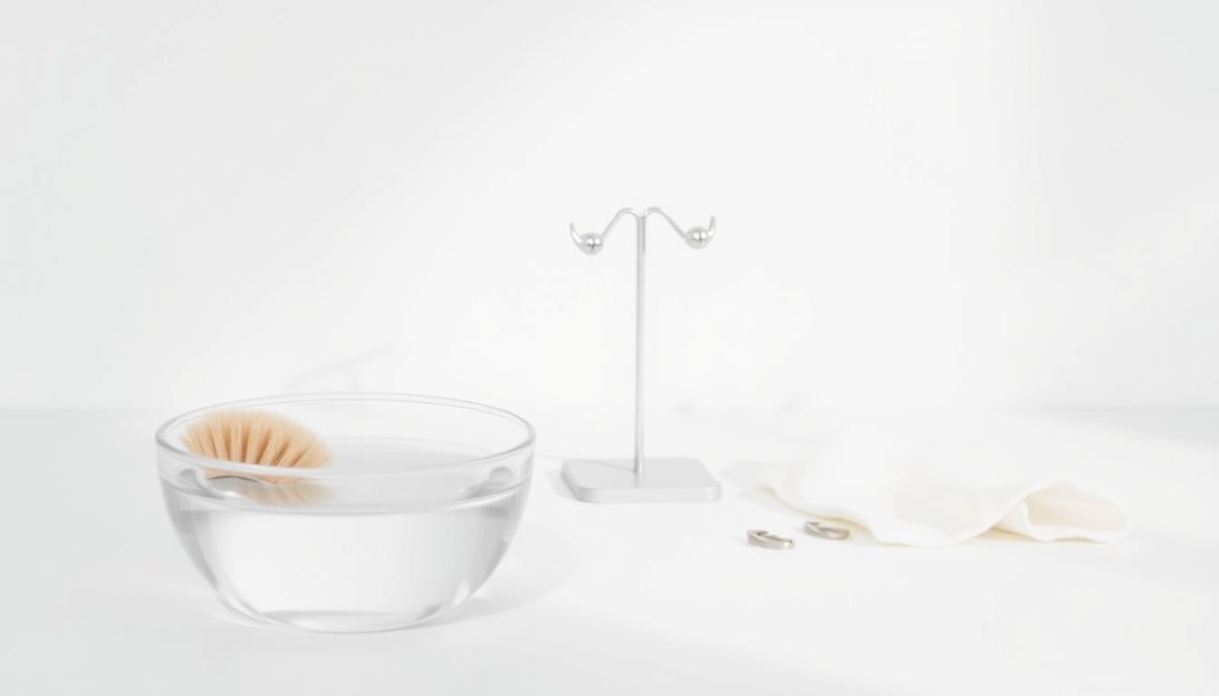 A minimalist jewelry care setup against a crisp white backdrop. In the foreground, a small glass bowl filled with clear water and a soft-bristled jewelry cleaning brush. Beside it, a simple white cloth for drying. In the middle ground, a pair of delicate stud earrings resting on a minimalist metal stand. Soft, directional lighting from the left casts gentle shadows, highlighting the earrings' elegant silhouettes. The overall scene conveys a sense of tranquility and attention to detail, reflecting the care and maintenance needed for timeless, minimalist jewelry pieces.