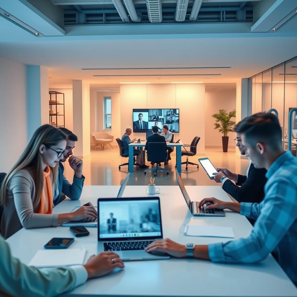 A vibrant and dynamic scene showcasing the future of financial talent access. In the foreground, a team of remote financial professionals collaborating seamlessly across digital platforms, their faces illuminated by the glow of laptops and tablets. In the middle ground, a virtual meeting taking place, with executives from around the world engaging in strategic discussions. The background depicts a modern, minimalist office space, with sleek desks, ergonomic chairs, and a sense of open, collaborative energy. Soft, directional lighting casts an aura of professionalism and innovation, while the composition suggests a world where geographical barriers no longer hinder the pursuit of financial excellence.