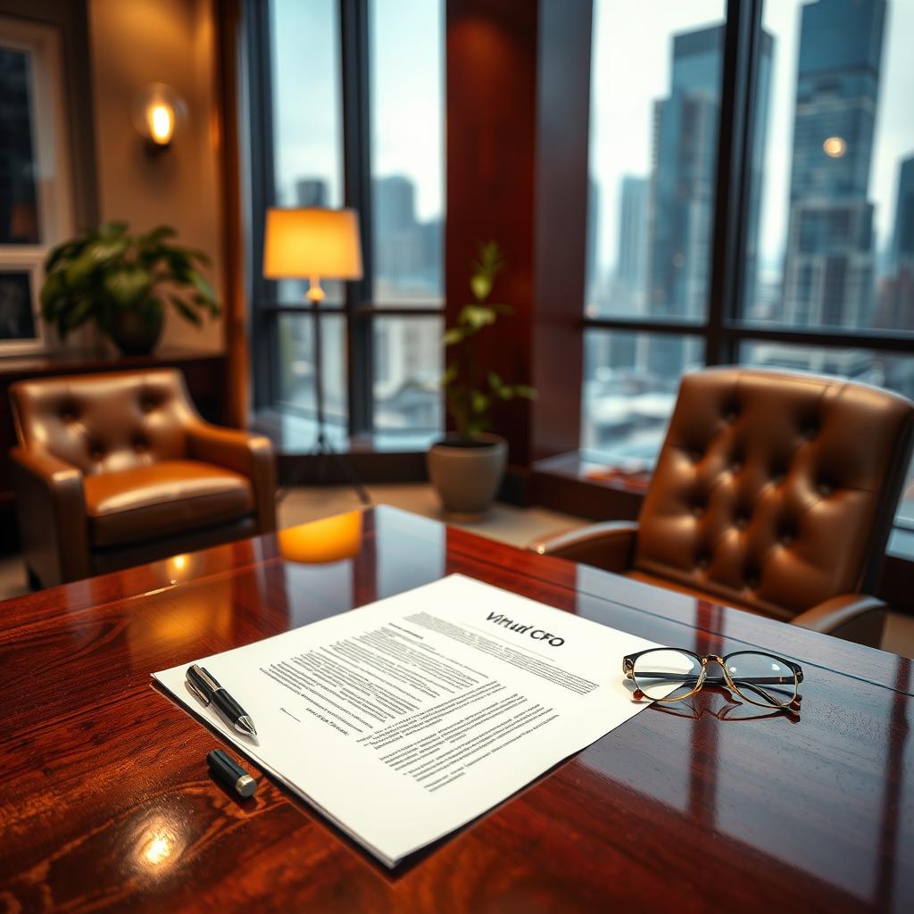 An elegant office interior with a virtual CFO contract prominently displayed on a polished mahogany desk. Soft, directional lighting casts a warm glow, accentuating the intricate details of the contract's fine print. In the foreground, a pen and a pair of reading glasses sit next to the document, suggesting a thoughtful review process. The middle ground features a plush leather chair and a potted plant, creating a sense of professionalism and attention to detail. The background showcases floor-to-ceiling windows overlooking a bustling cityscape, conveying the virtual CFO's connection to the modern business landscape.
