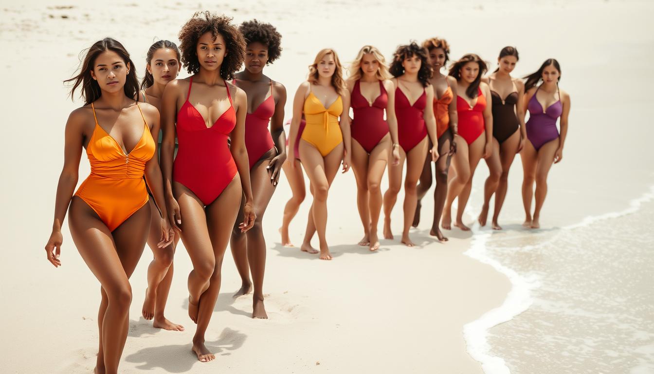A sun-drenched beachscape, with soft white sand and gentle waves lapping at the shore. In the foreground, a stunning array of swimsuits in vibrant hues that flatter warm undertones - rich crimson, deep amber, and burnished gold. The fabrics catch the light, creating a subtle sheen. Modeled by a diverse group of individuals, each suit accentuates the natural beauty of their complexions. The overall mood is one of effortless confidence and coastal tranquility, captured through a wide-angle lens with a shallow depth of field, resulting in a dreamlike, editorial-style image.