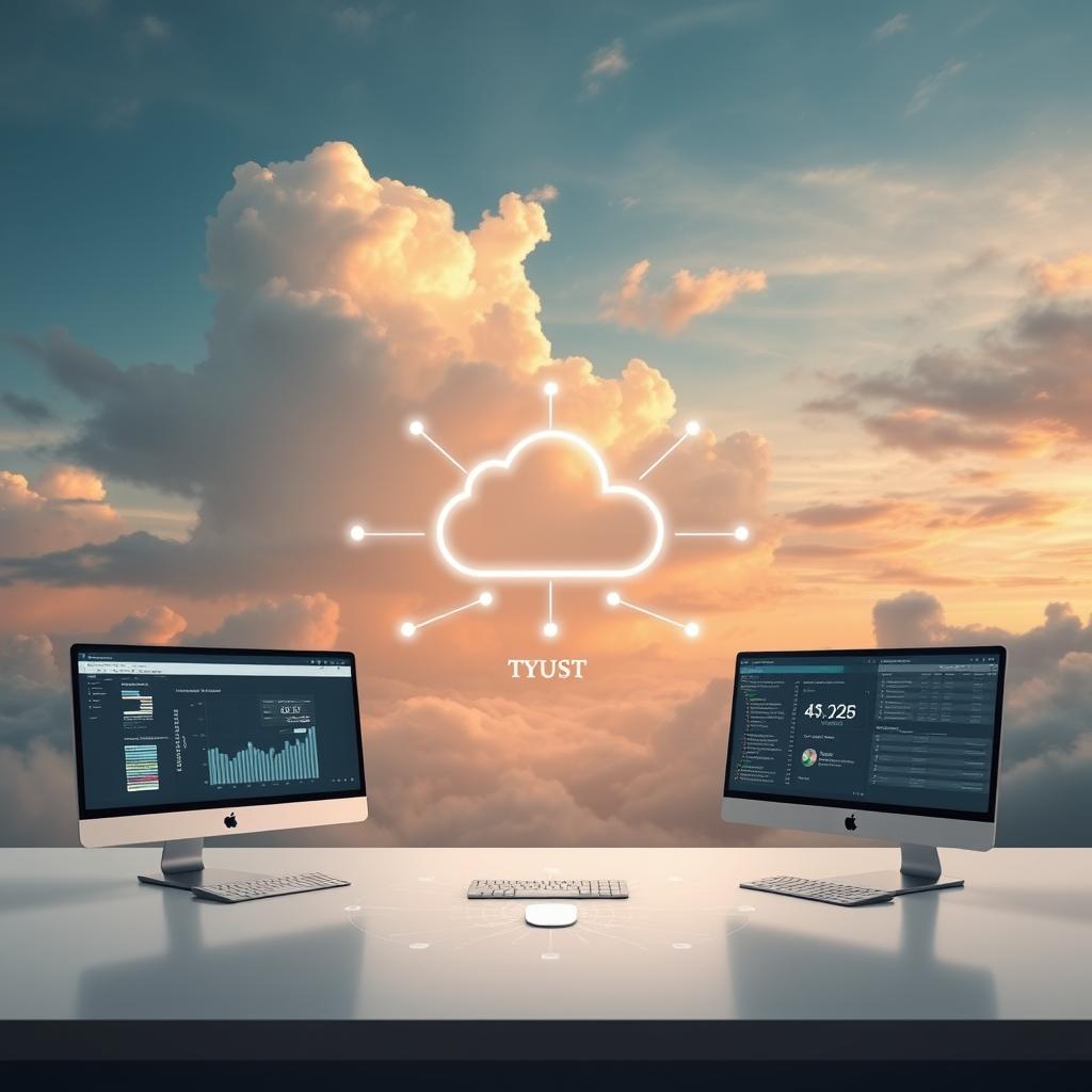 A serene, cloud-filled sky serves as the backdrop, casting a tranquil ambiance. In the foreground, a secure, state-of-the-art virtual CFO's workstation comes into focus. Elegant, minimalist design elements and advanced encryption protocols convey a sense of professionalism and safety. The setup is illuminated by warm, diffused lighting, creating a welcoming atmosphere. Sleek, high-resolution displays showcase real-time financial data, protected by robust cybersecurity measures. In the middle ground, a virtual network diagram illustrates the secure, cloud-based infrastructure, emphasizing the seamless integration of various financial tools and platforms. The overall composition exudes a sense of trust, reliability, and the confidence required for a cloud-based CFO's work.
